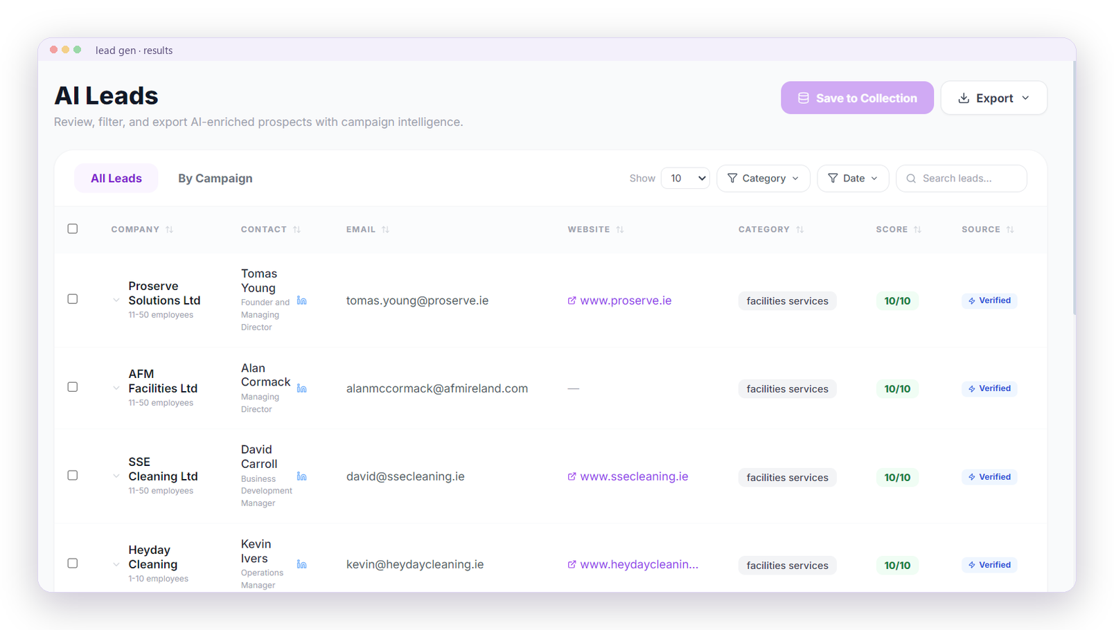 Generated leads with company, contact, verified email, website, category, a 10 out of 10 score and a Verified badge on each row.