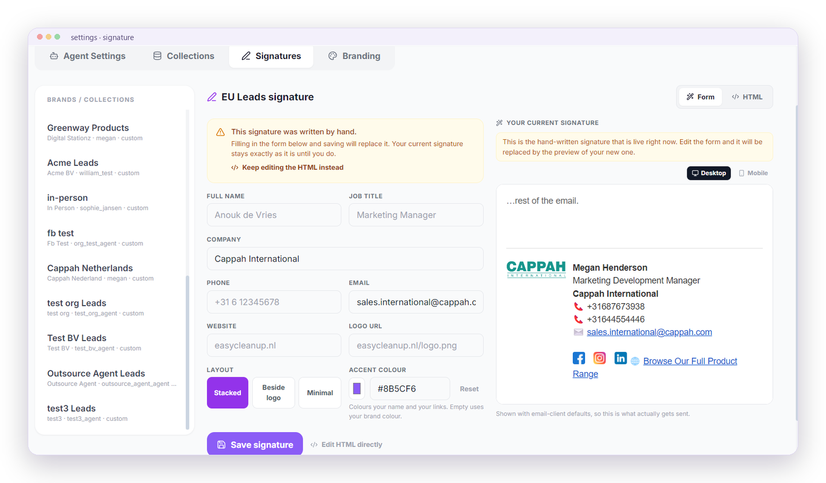 The signature builder: a form with name, job title, company, phone, email, website and logo fields beside a live preview of the rendered Cappah International signature.